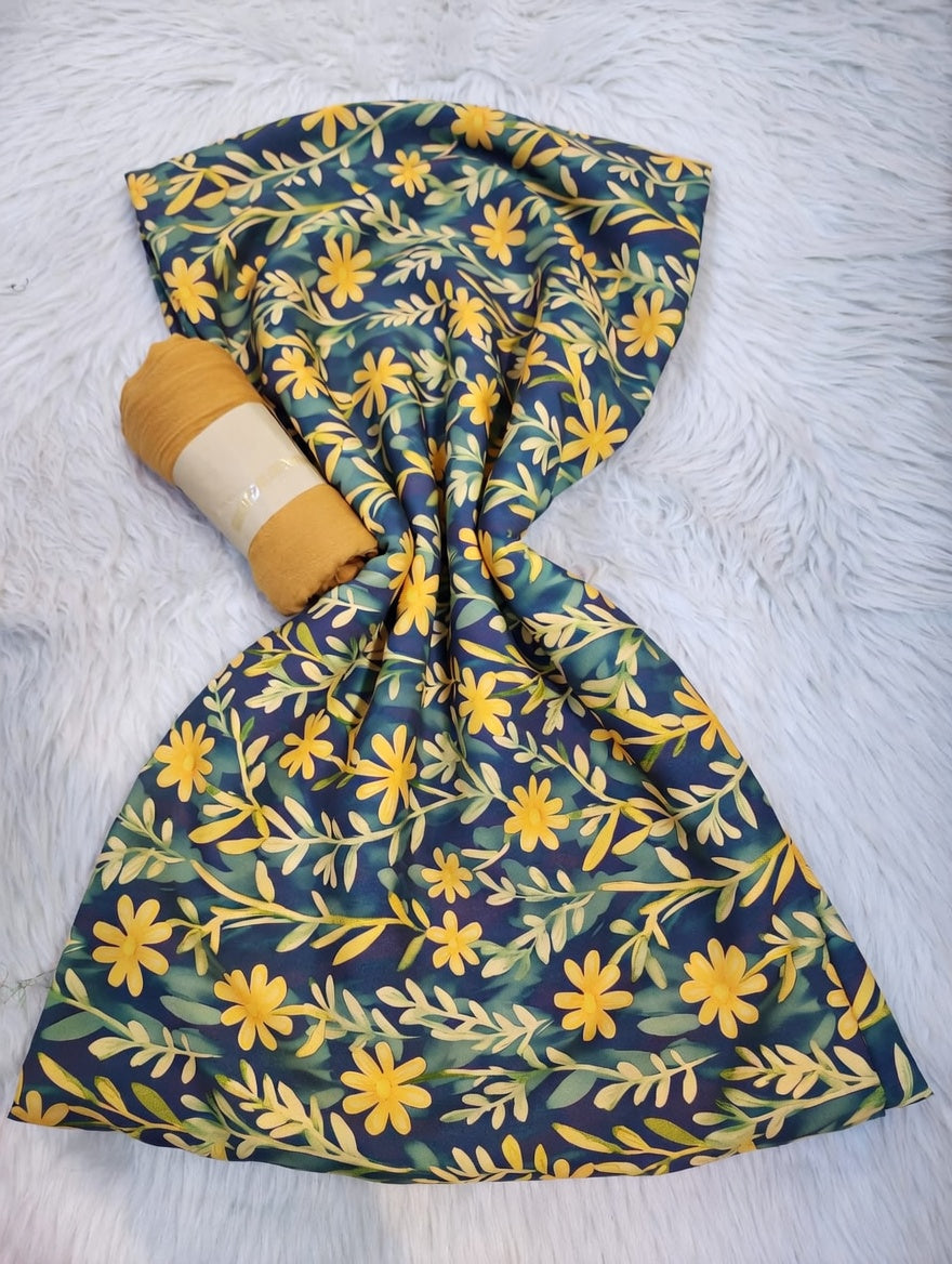 Tissus 2 pièces Floral Jaune - Fleurs & Feuilles sur Bleu